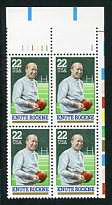 Knute Rockne Issue Plate# Block of 4 United States, 1988